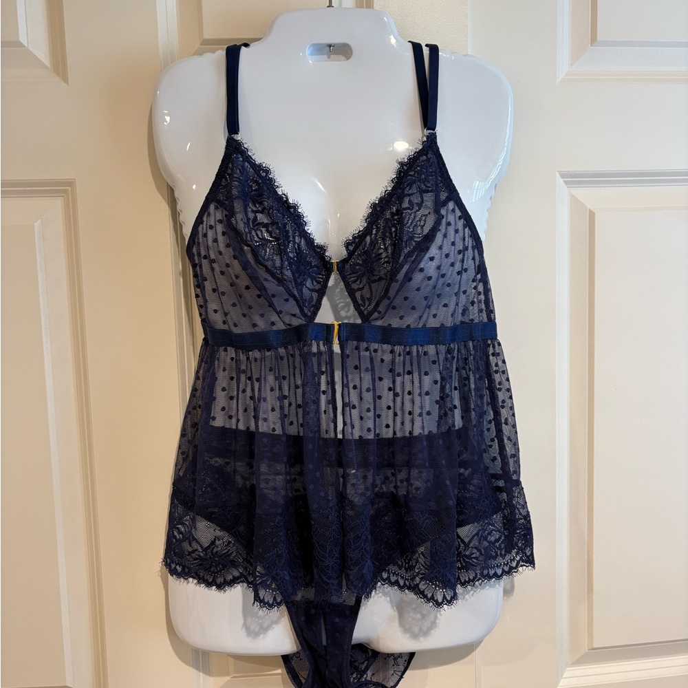 Mentionables Navy Lace & Mesh Babydoll with Panties- Women Intimates